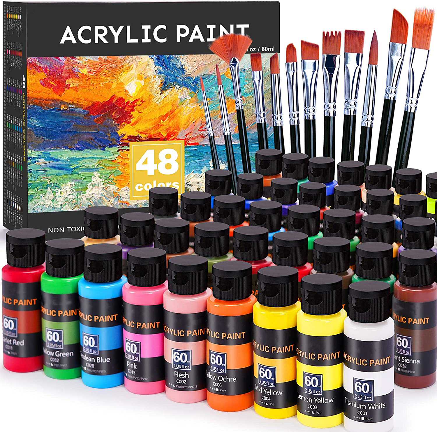Wholesale High Quality Nox-toxic 48 Colors 60ml Acrylic Paint Bottle Set with 12 Pcs Paint Brush for Kids Painting