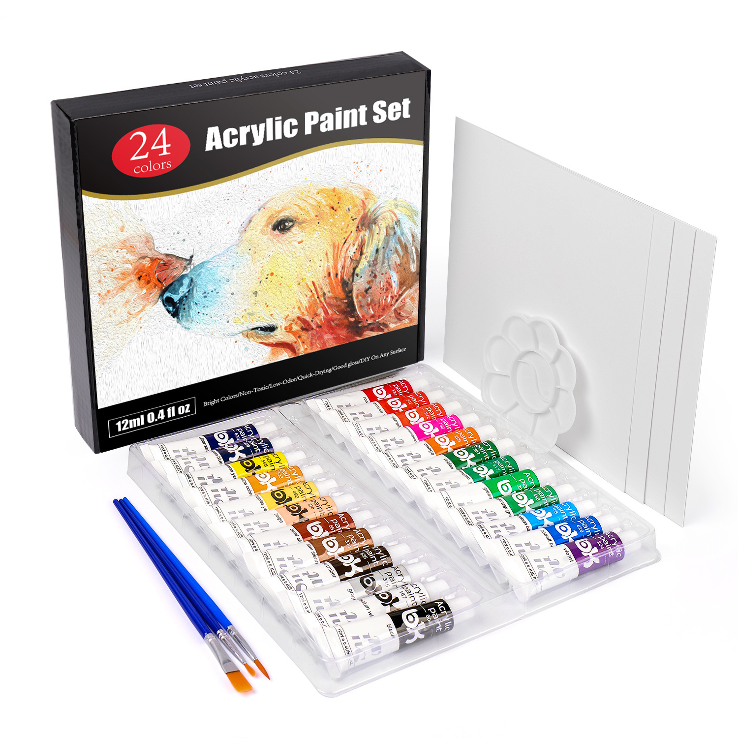 Wholesale 24 colors T-shirt shoes paint acrylic gift box with palette and paint brushes canvas board