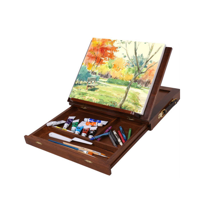 Wholesale Art Desktop Foldable Display Stand Walnut Easel With Drawer