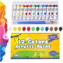 Beginner Acrylic Paint Set 12 Rich Pigment Colors (12ml) 3 Brushes Color Wheel Painting Art Supplies for Artist Adult